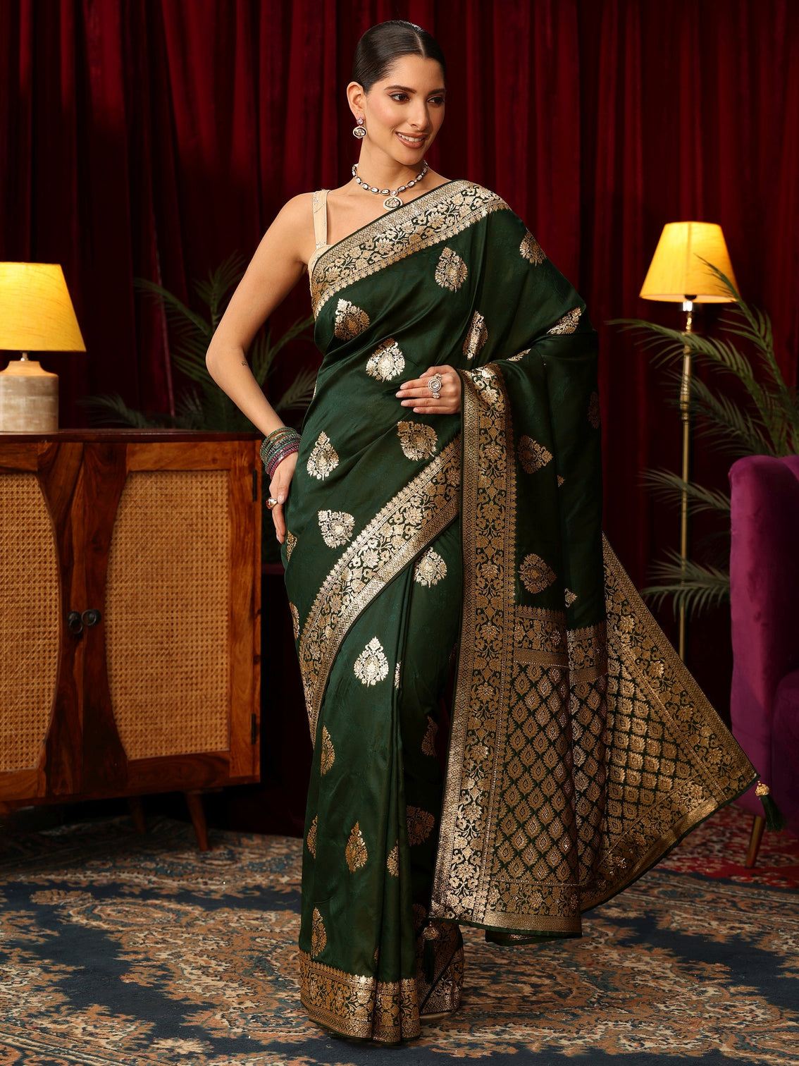 Mameraa Dark Green Leaf Motif  Woven Design Silk Blend Saree