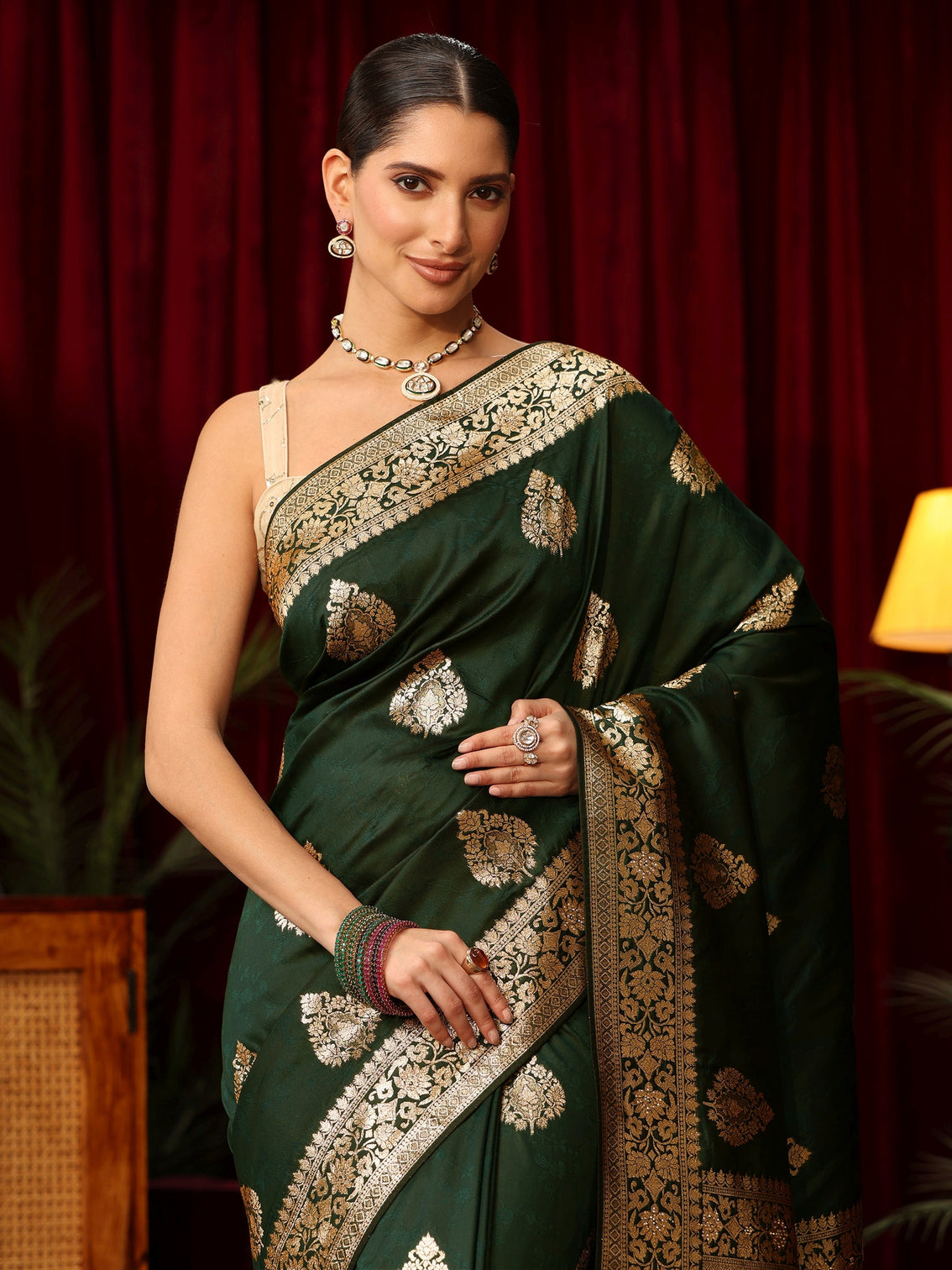Mameraa Dark Green Leaf Motif  Woven Design Silk Blend Saree