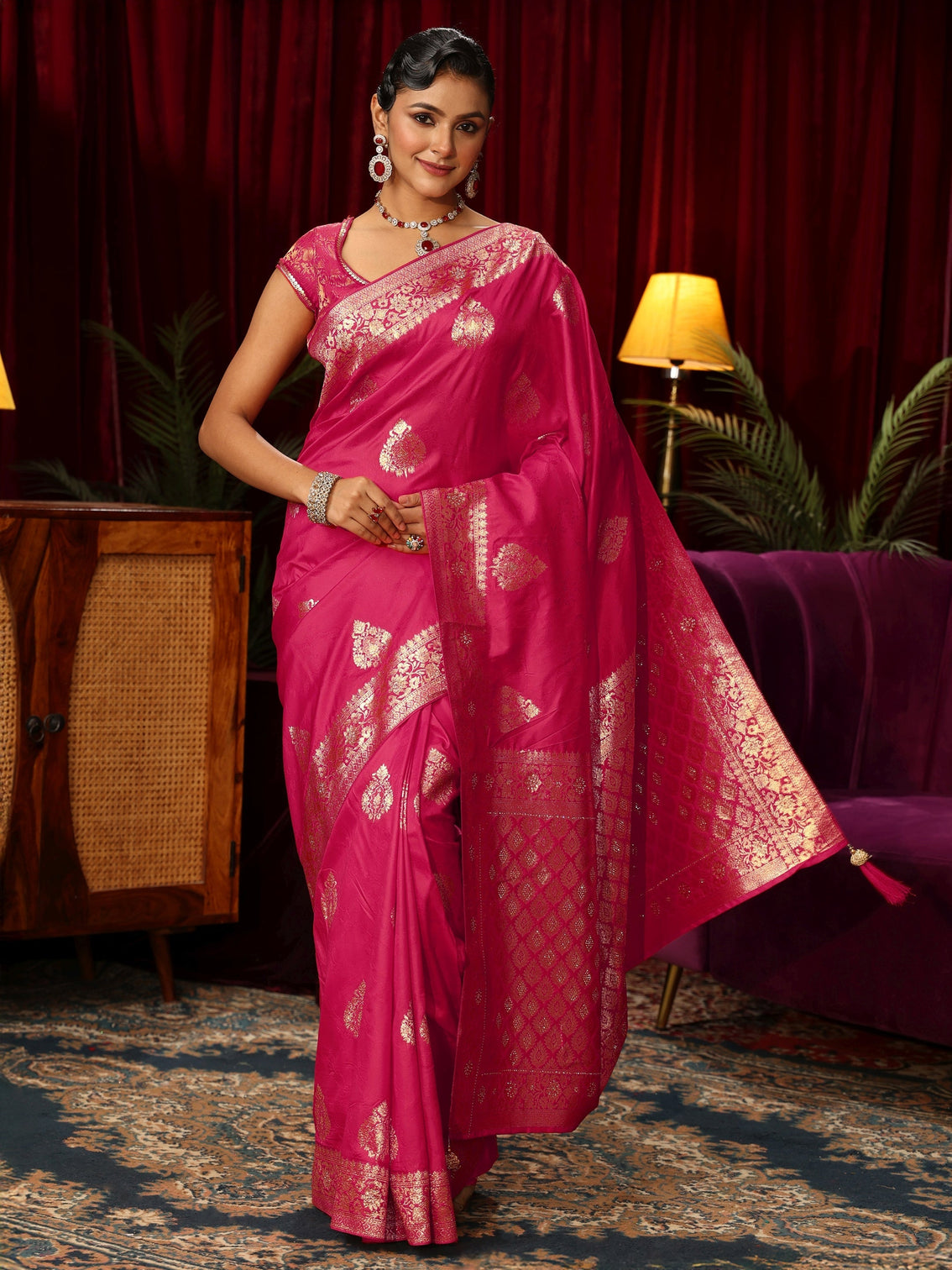 Mameraa Rani Pink Woven Design Embellished Silk Blend Saree