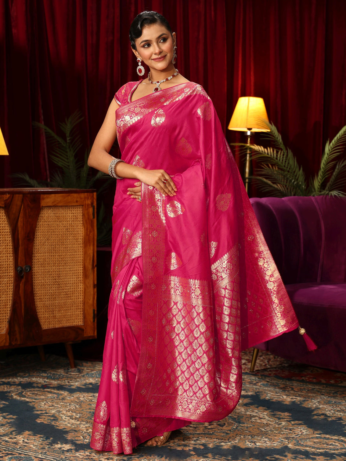 Mameraa Rani Pink Woven Design Embellished Silk Blend Saree
