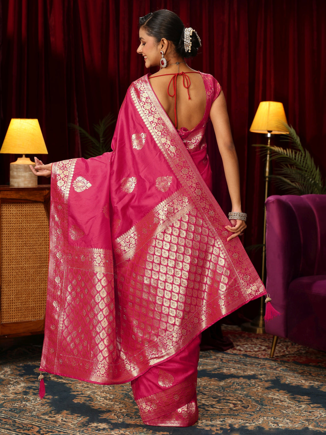 Mameraa Rani Pink Woven Design Embellished Silk Blend Saree