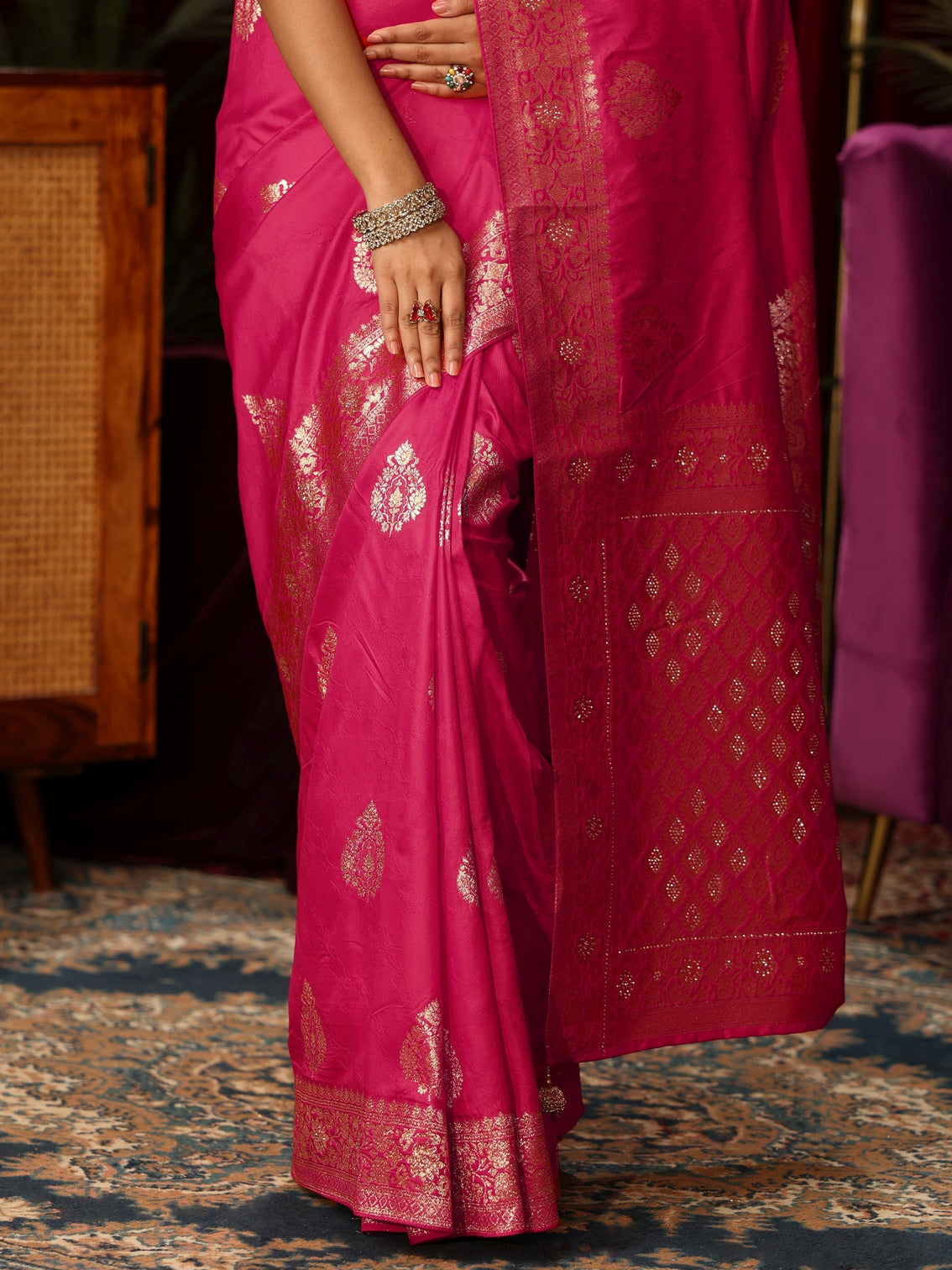 Mameraa Rani Pink Woven Design Embellished Silk Blend Saree