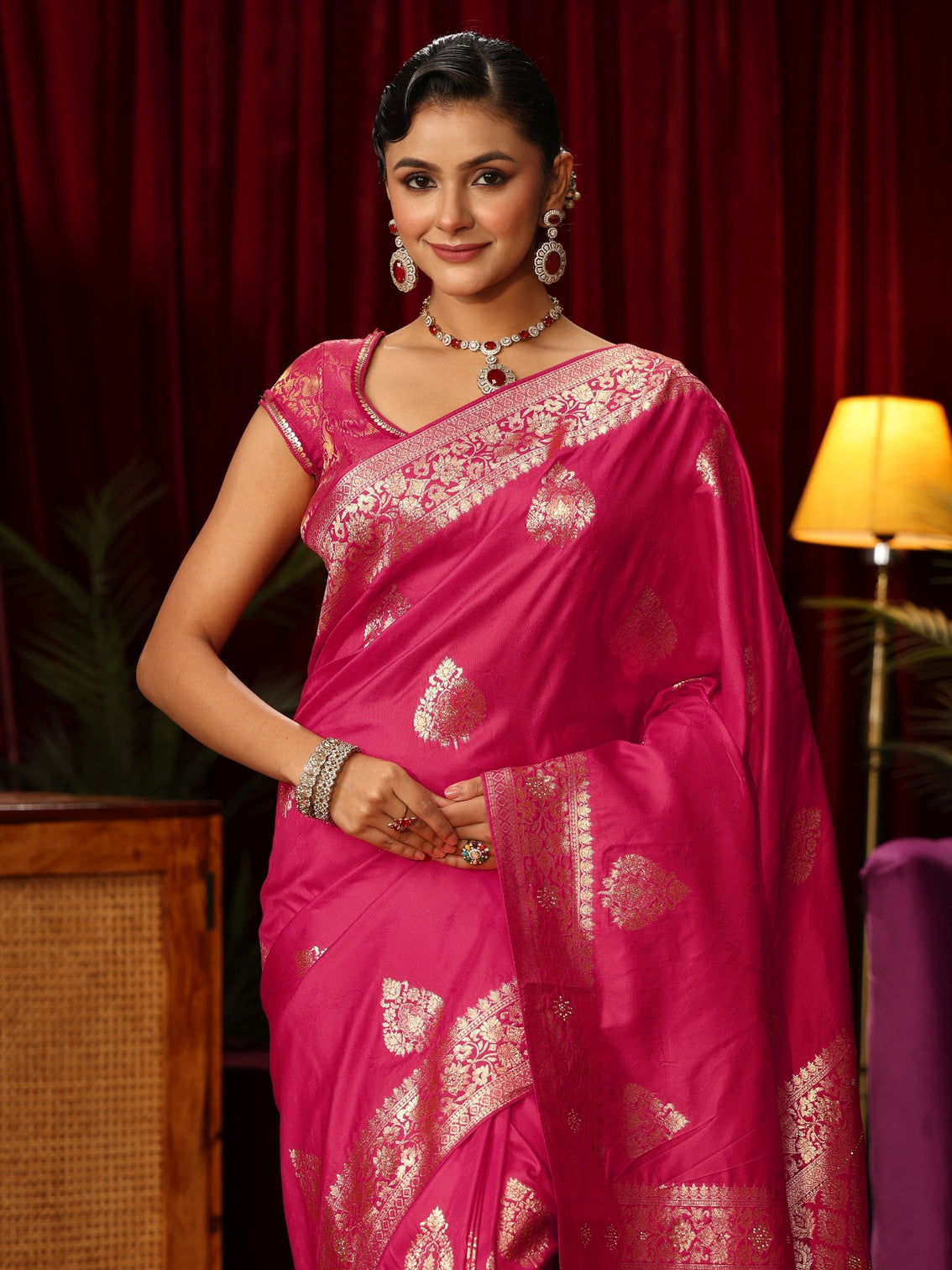 Mameraa Rani Pink Woven Design Embellished Silk Blend Saree