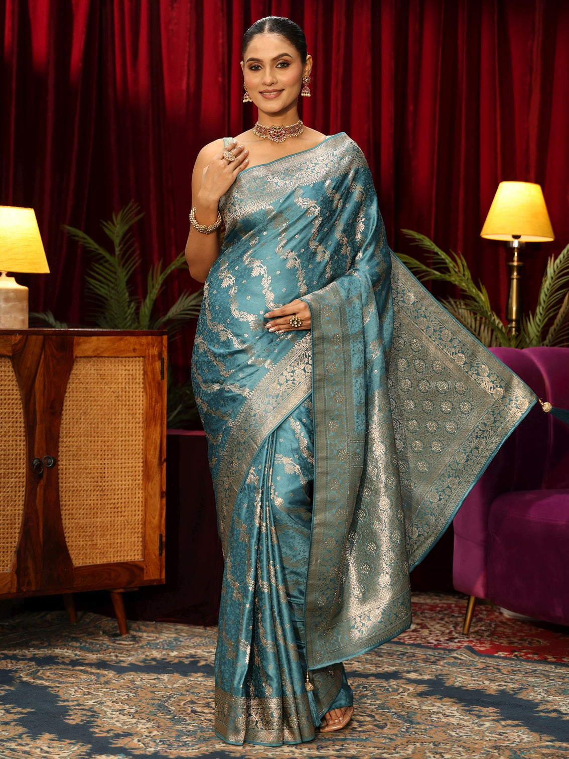 Mameraa Dusty Blue Banarasi Silk Blend Saree