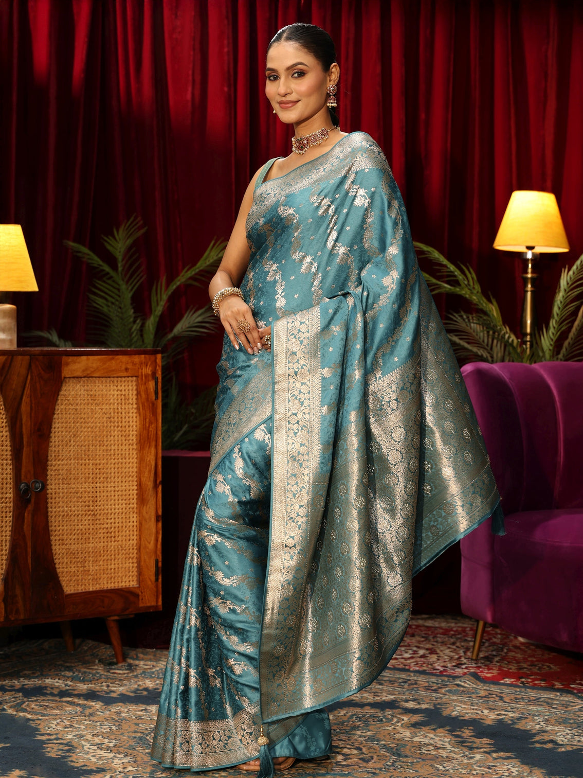 Mameraa Dusty Blue Banarasi Silk Blend Saree