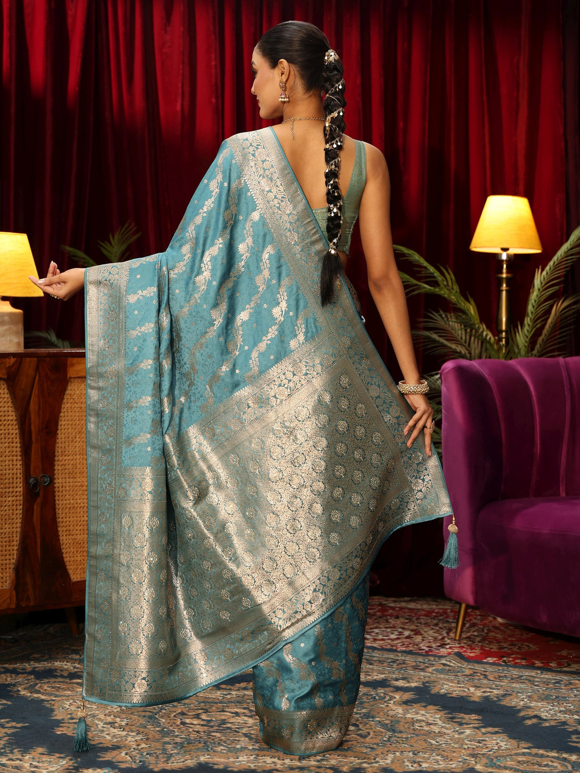 Mameraa Dusty Blue Banarasi Silk Blend Saree