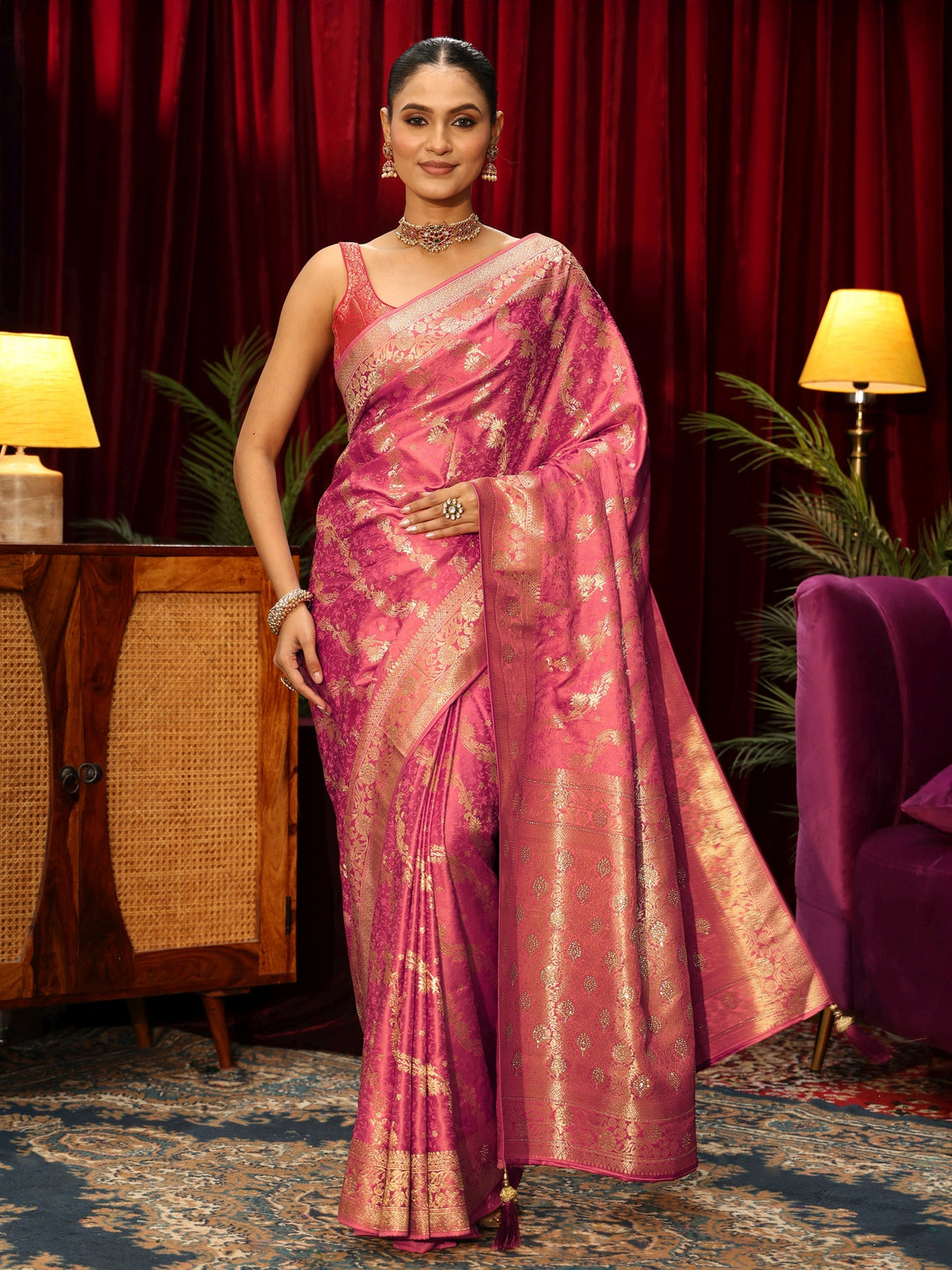Mameraa Rose Pink Banarasi Silk Blend Saree