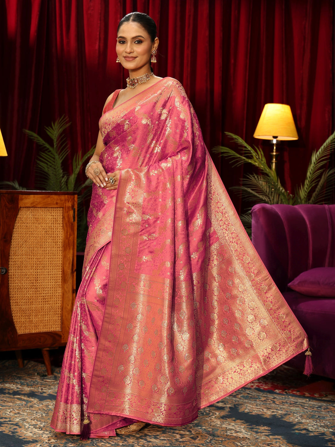 Mameraa Rose Pink Banarasi Silk Blend Saree
