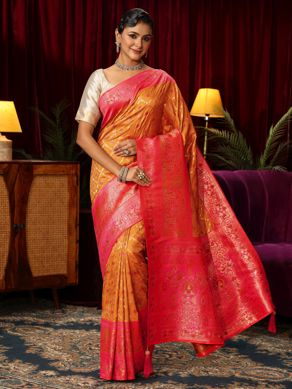 Mameraa Tangerine Floral Woven Design Embellished Silk Blend Saree
