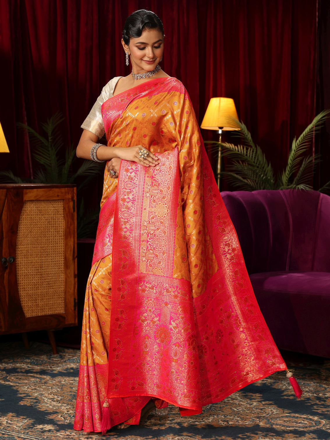 Mameraa Tangerine Floral Woven Design Embellished Silk Blend Saree