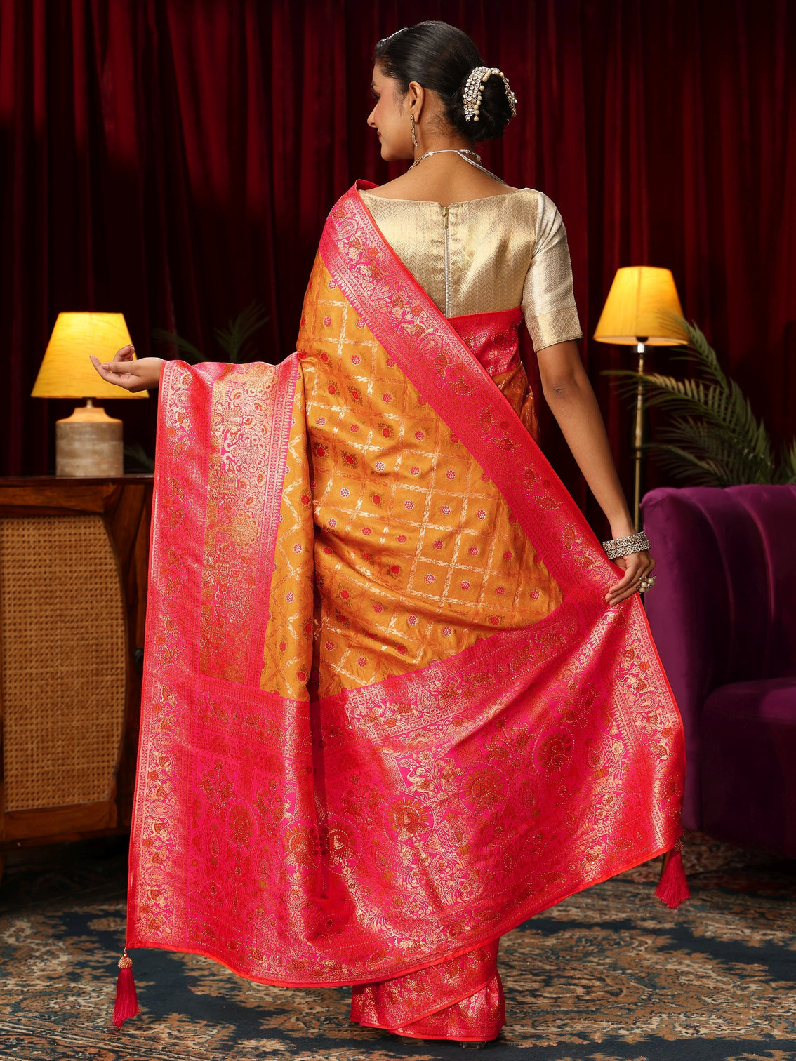 Mameraa Tangerine Floral Woven Design Embellished Silk Blend Saree