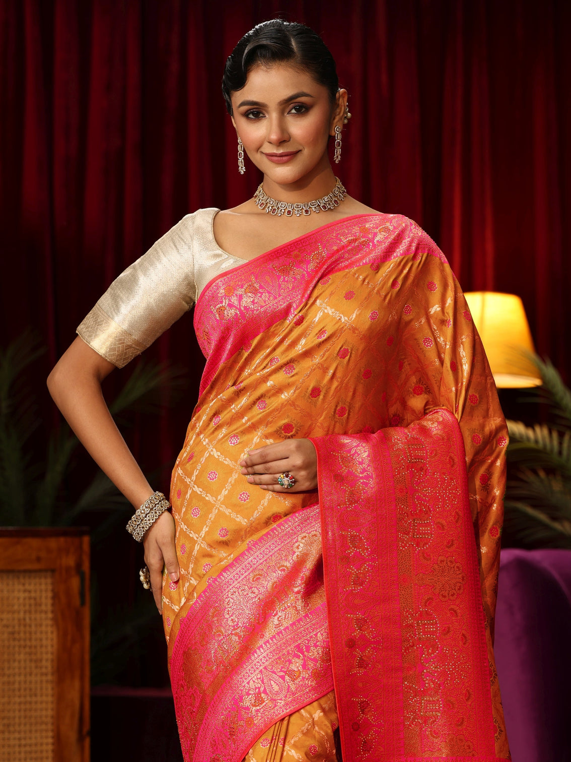 Mameraa Tangerine Floral Woven Design Embellished Silk Blend Saree