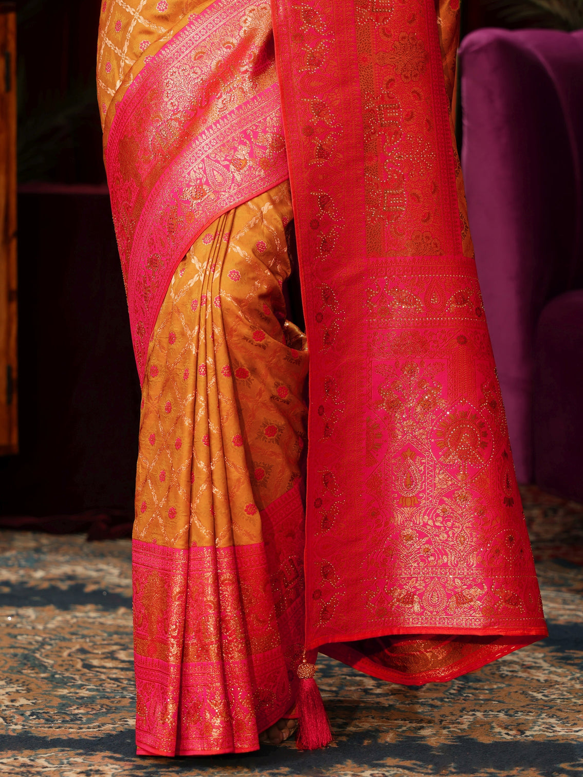 Mameraa Tangerine Floral Woven Design Embellished Silk Blend Saree