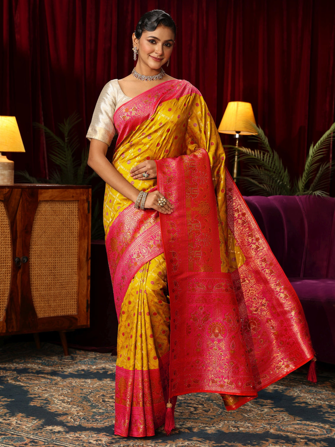 Mameraa Yellow Floral Woven Design Embellished Silk Blend Saree