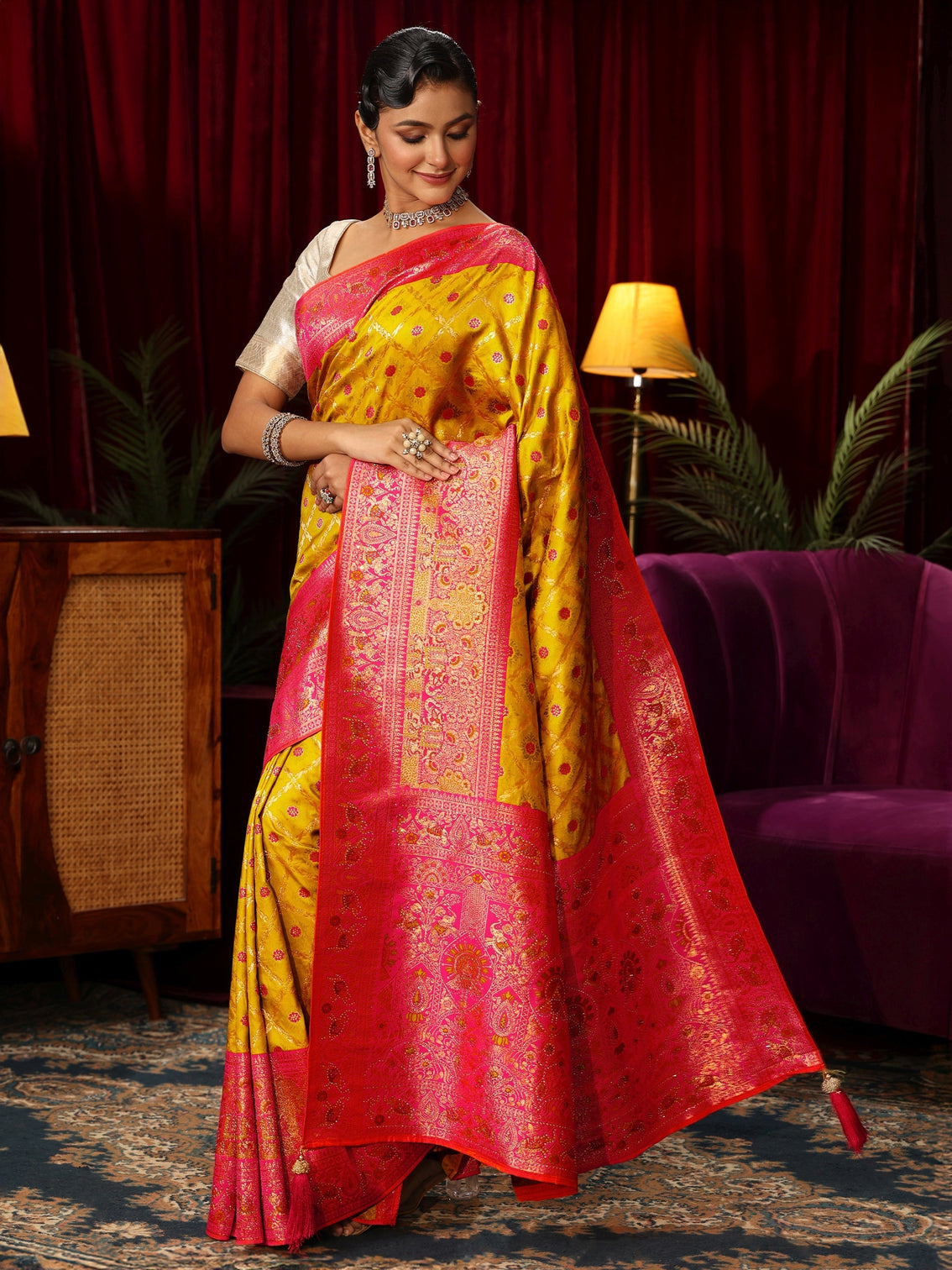 Mameraa Yellow Floral Woven Design Embellished Silk Blend Saree