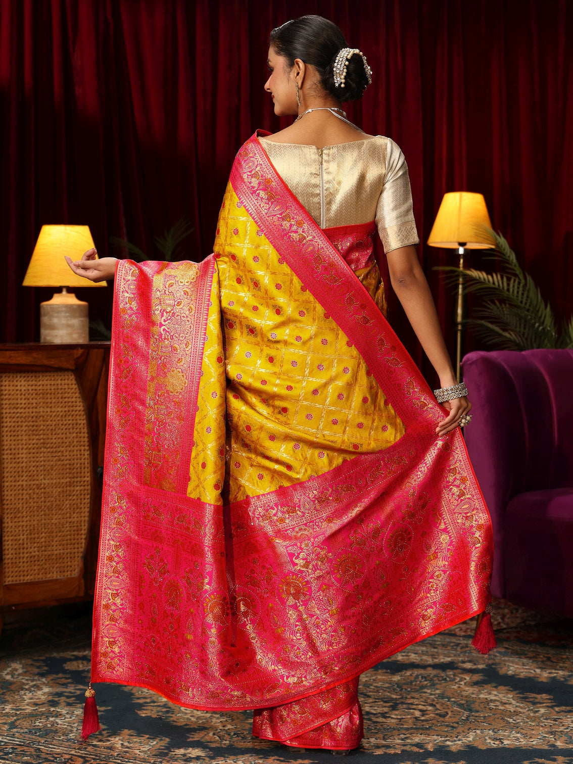 Mameraa Yellow Floral Woven Design Embellished Silk Blend Saree