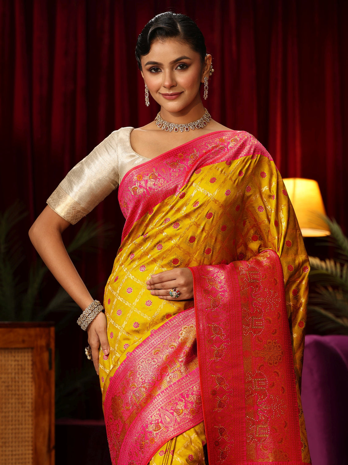 Mameraa Yellow Floral Woven Design Embellished Silk Blend Saree