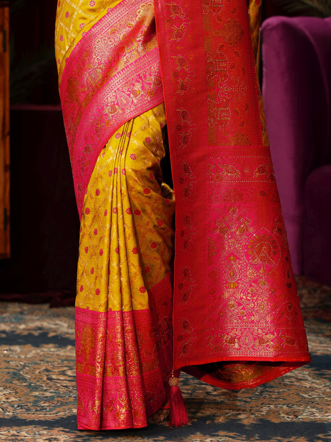 Mameraa Yellow Floral Woven Design Embellished Silk Blend Saree