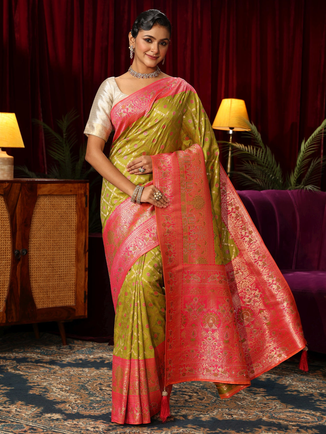 Mameraa Green Floral Woven Design Embellished Silk Blend Saree