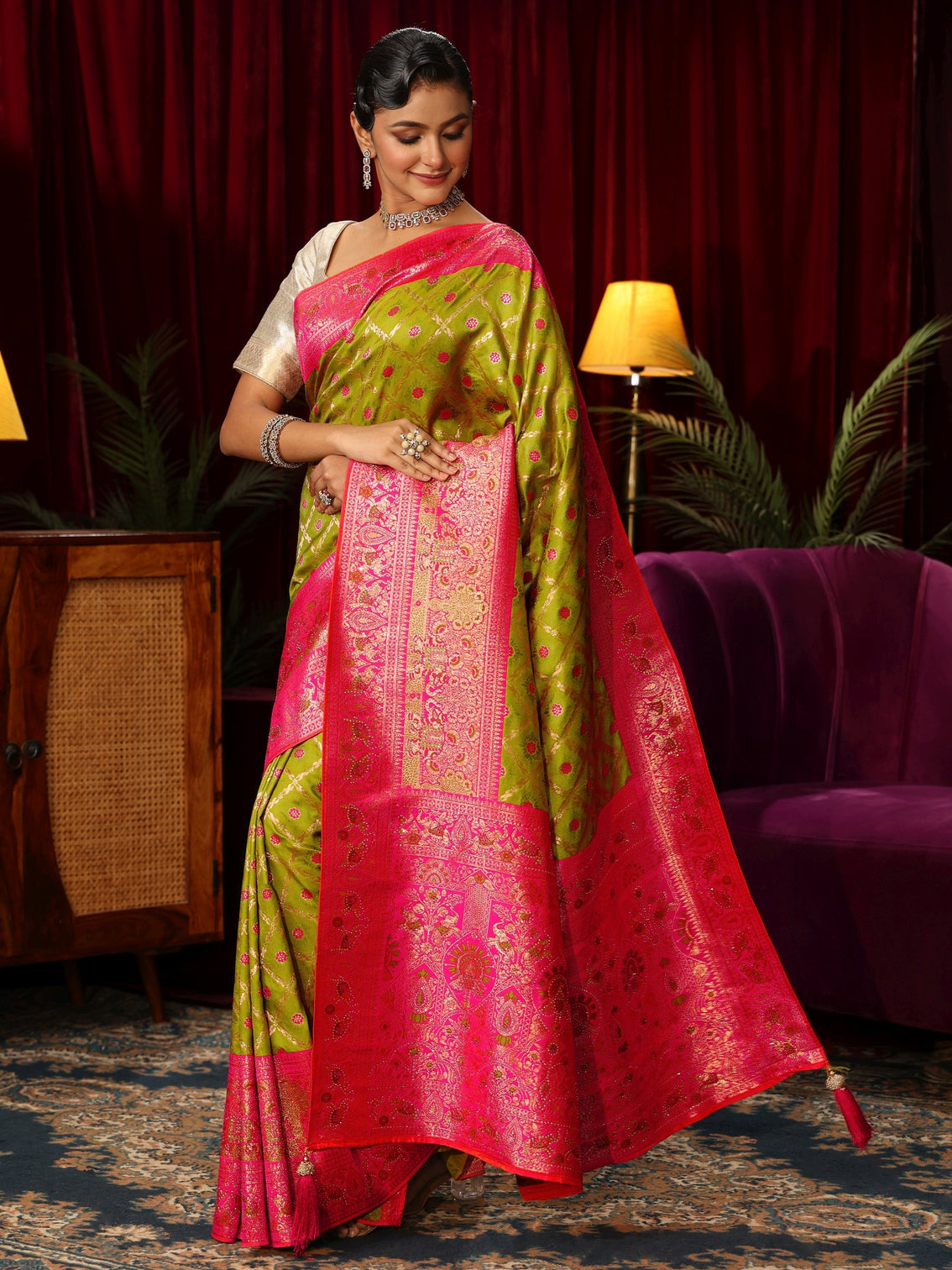 Mameraa Green Floral Woven Design Embellished Silk Blend Saree