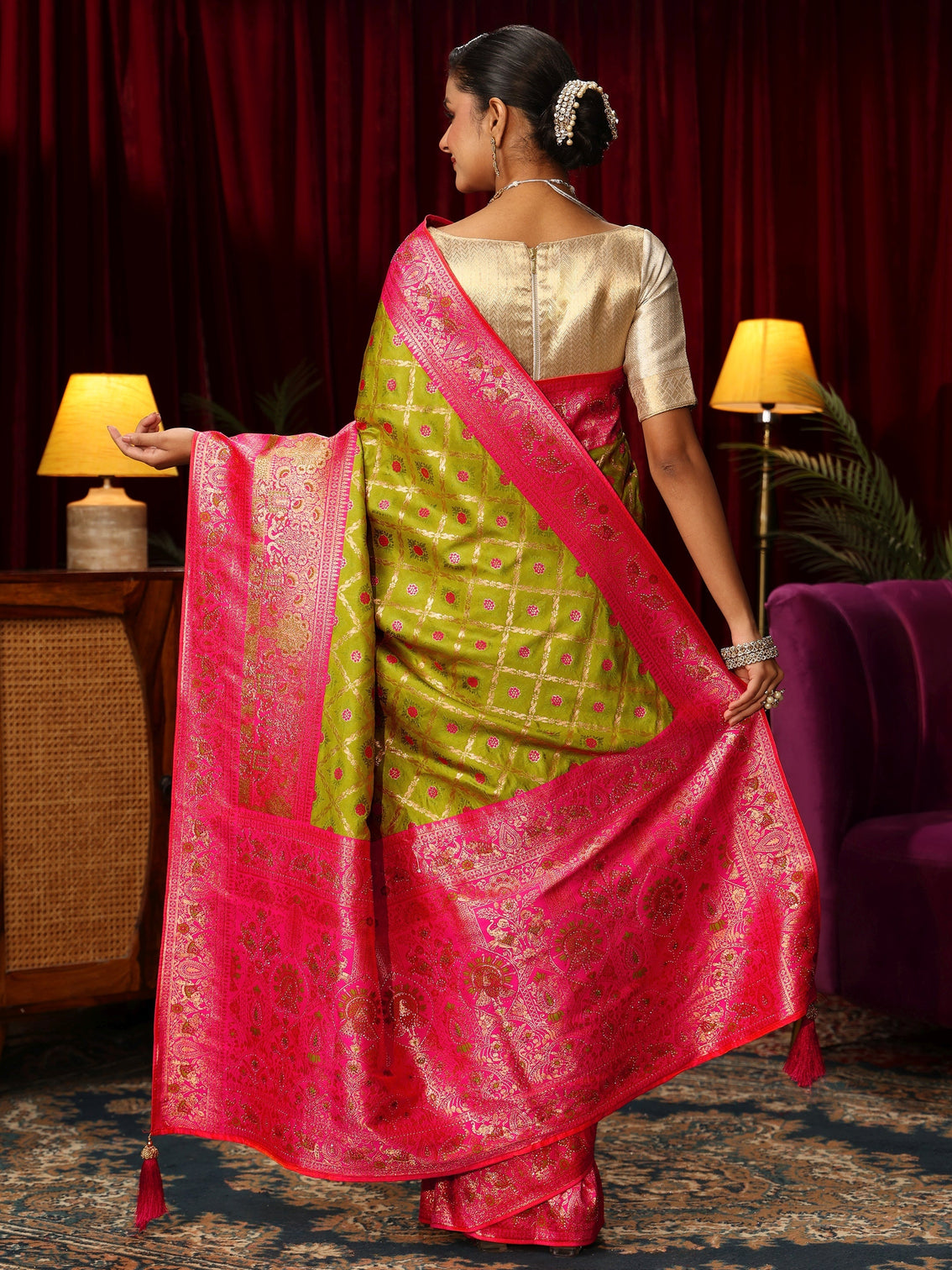 Mameraa Green Floral Woven Design Embellished Silk Blend Saree