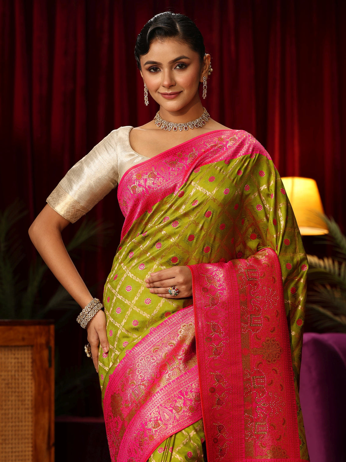 Mameraa Green Floral Woven Design Embellished Silk Blend Saree