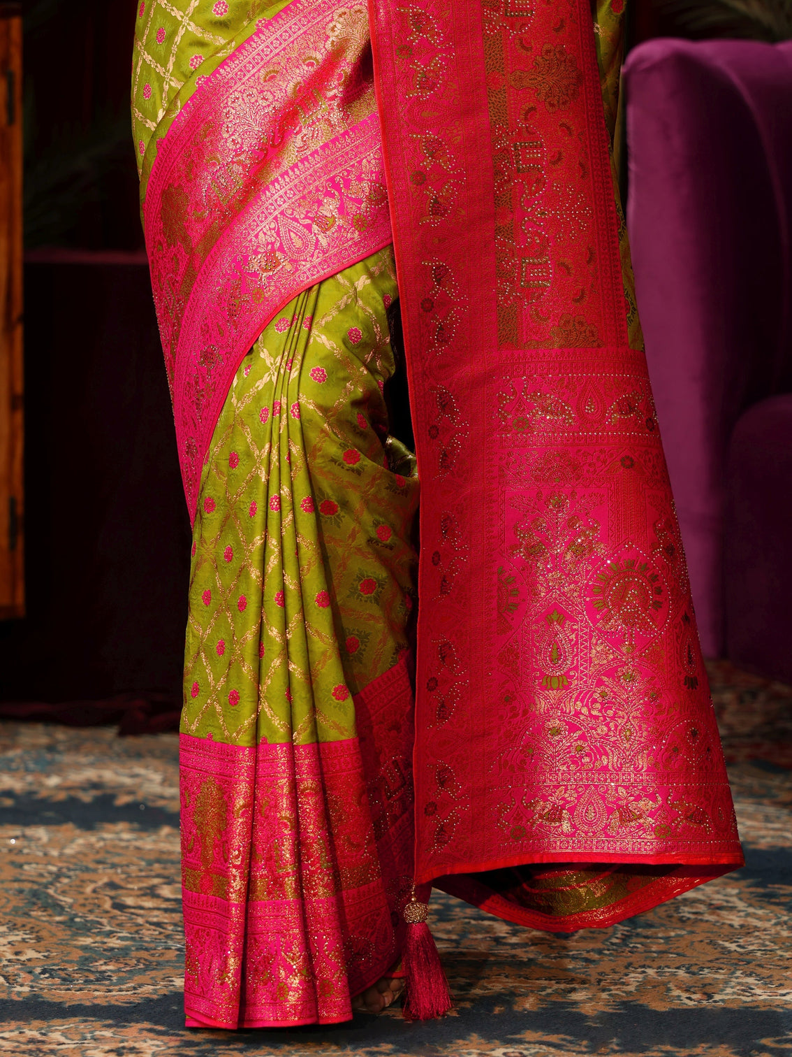 Mameraa Green Floral Woven Design Embellished Silk Blend Saree