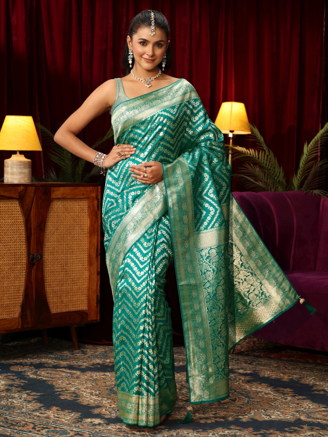 Mameraa Sea Green Chevron Brocade Saree with Stone Work