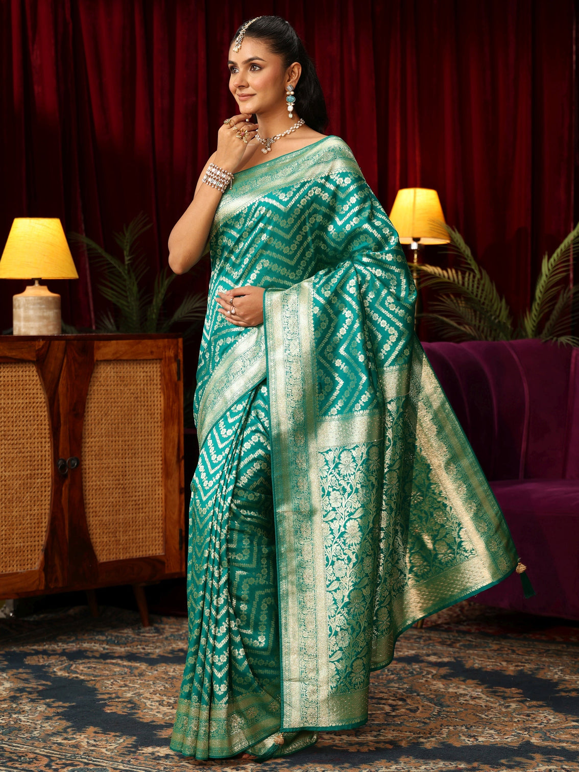 Mameraa Sea Green Chevron Brocade Saree with Stone Work
