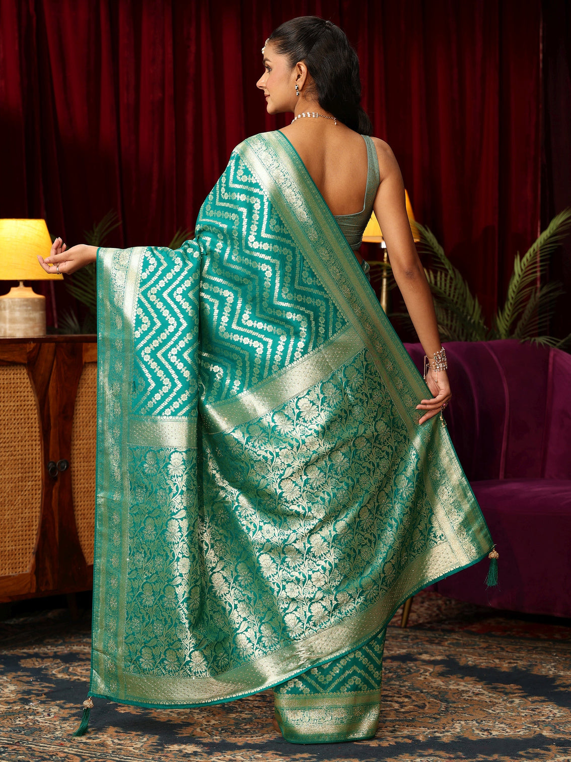 Mameraa Sea Green Chevron Brocade Saree with Stone Work