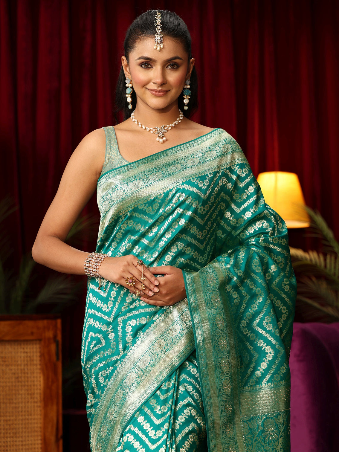 Mameraa Sea Green Chevron Brocade Saree with Stone Work