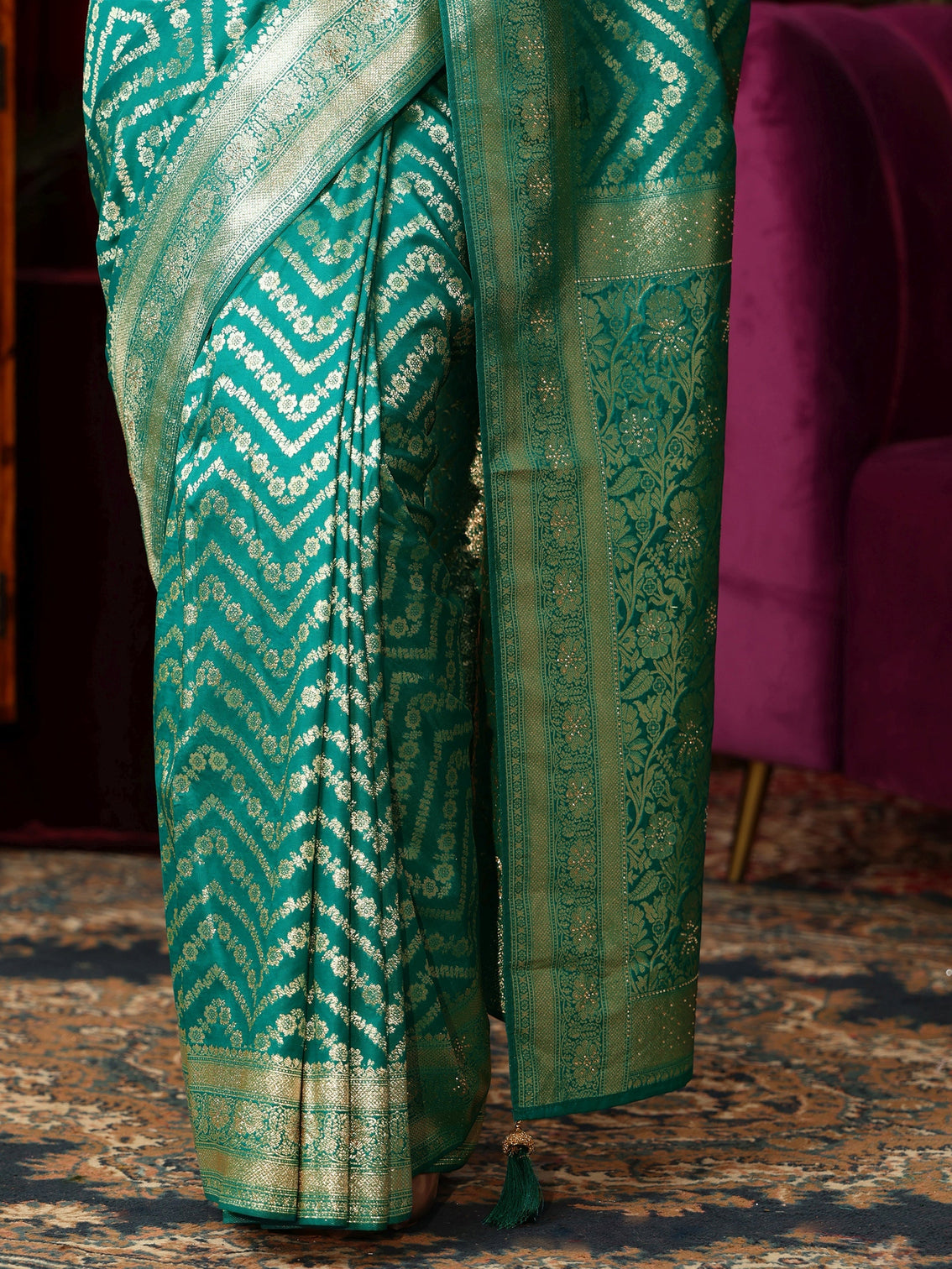 Mameraa Sea Green Chevron Brocade Saree with Stone Work
