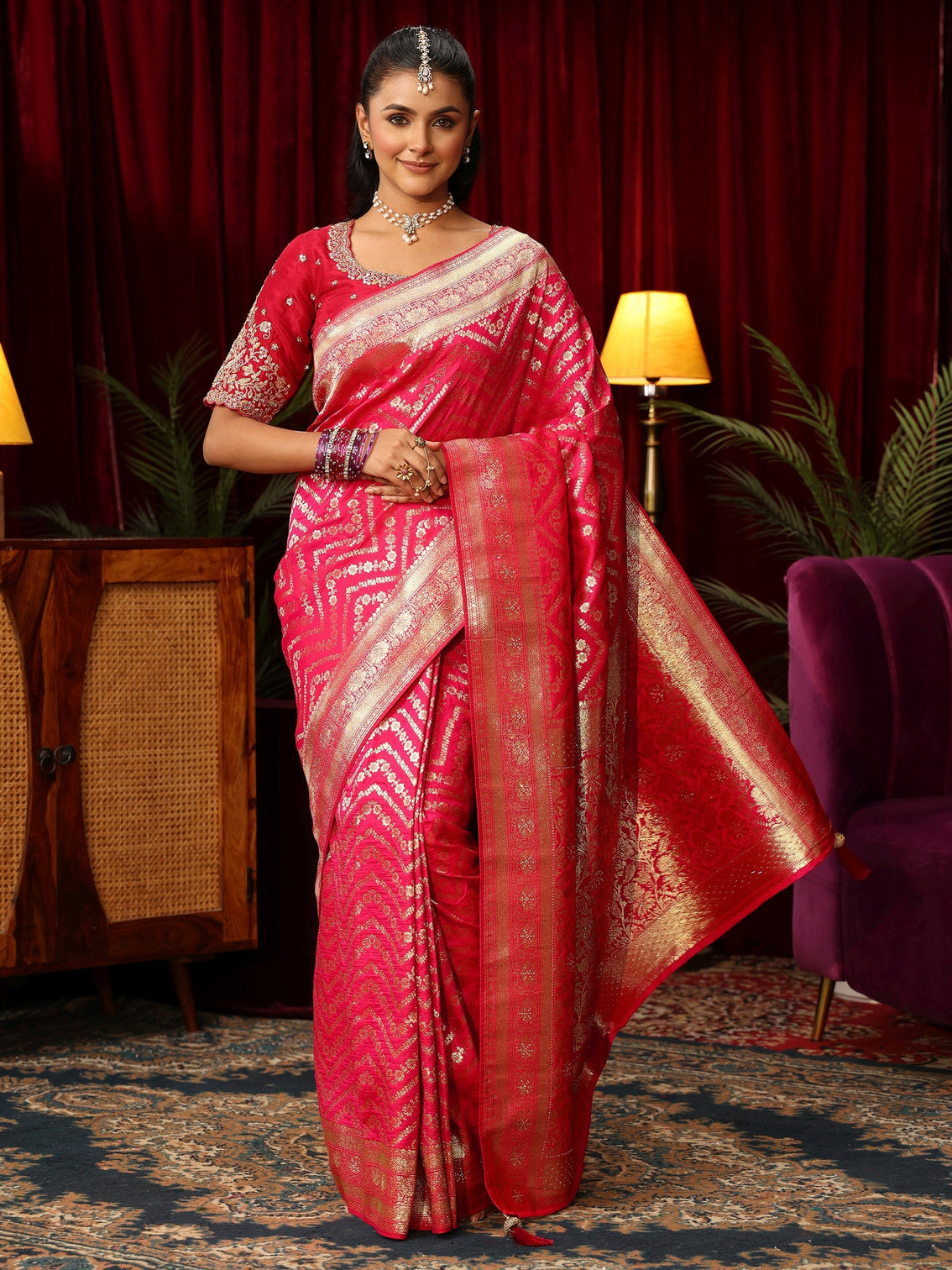 Mameraa Fuchsia Pink Chevron Brocade Saree with Stone Work