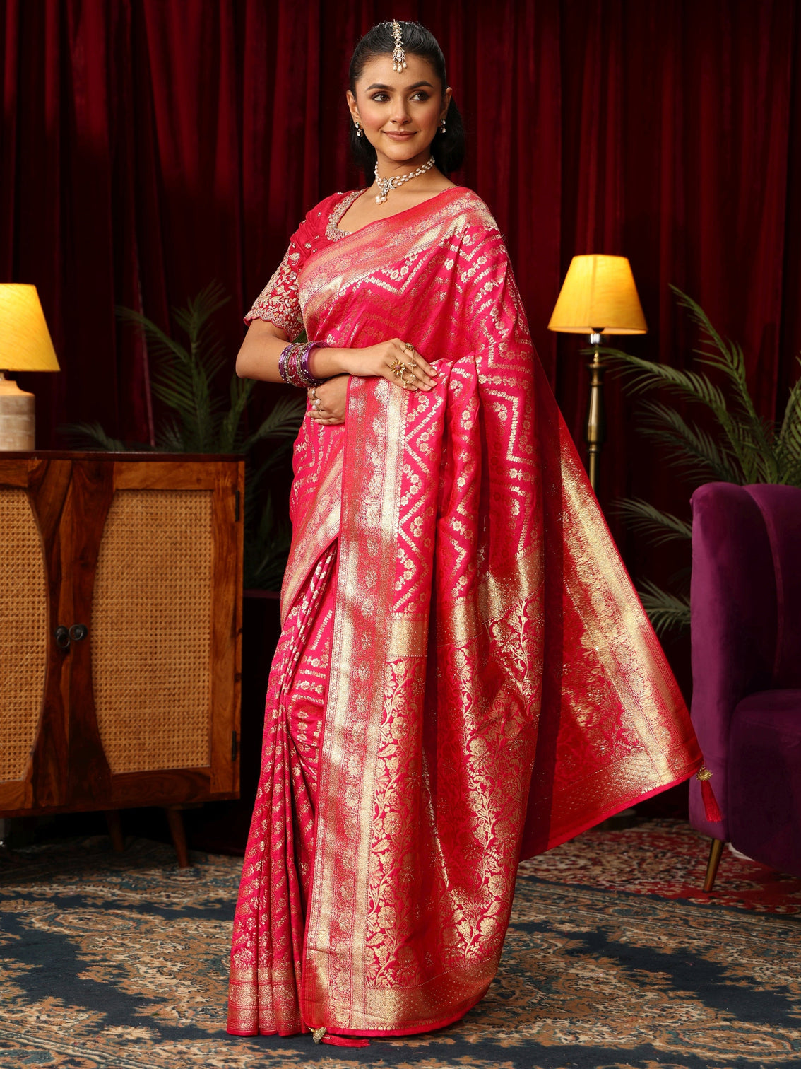 Mameraa Fuchsia Pink Chevron Brocade Saree with Stone Work