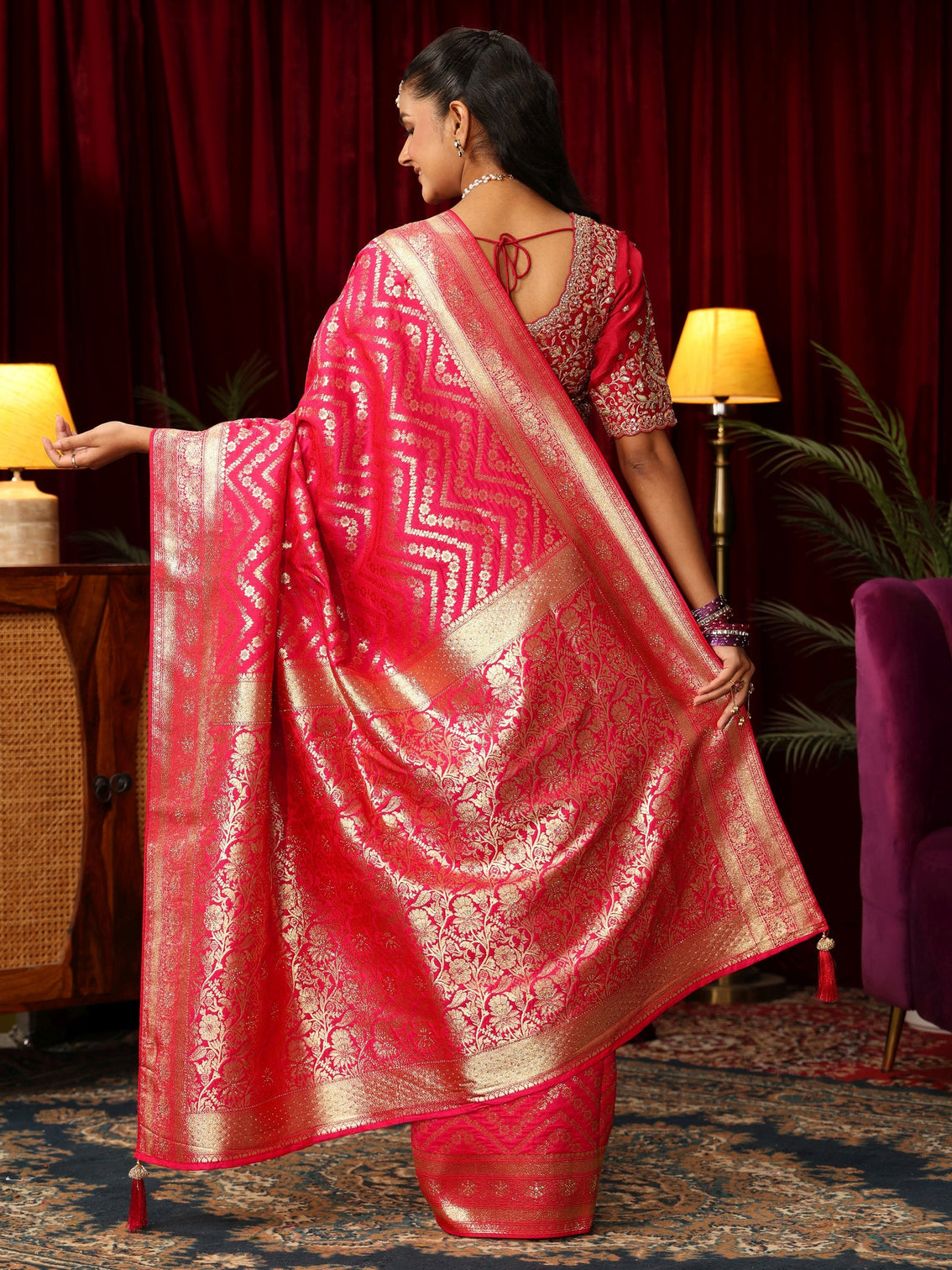 Mameraa Fuchsia Pink Chevron Brocade Saree with Stone Work