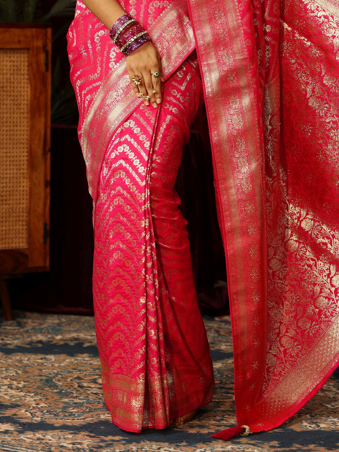 Mameraa Fuchsia Pink Chevron Brocade Saree with Stone Work