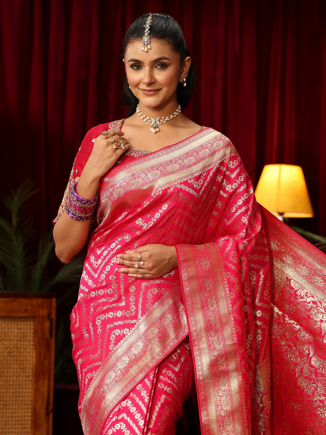 Mameraa Fuchsia Pink Chevron Brocade Saree with Stone Work