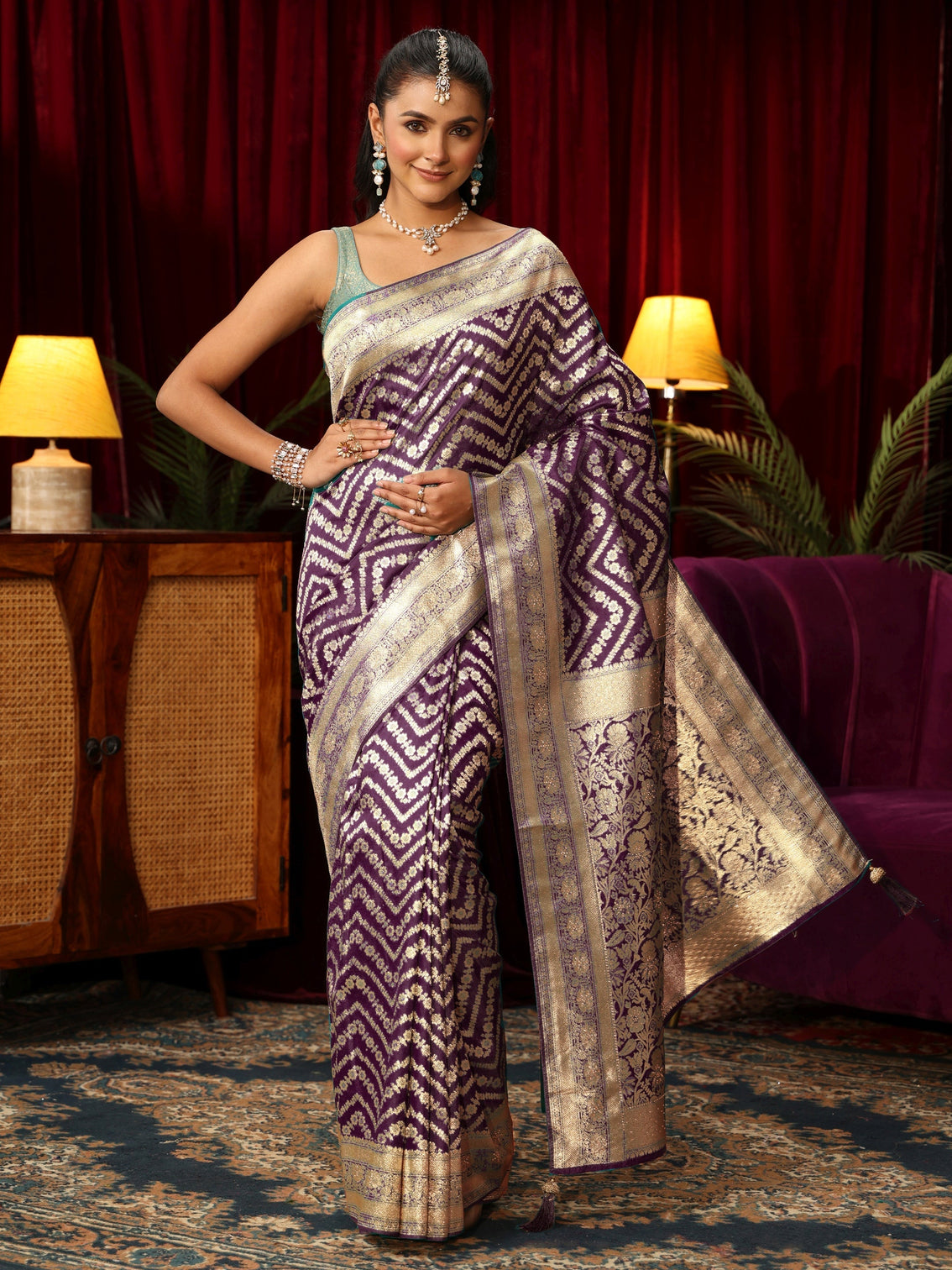 Mameraa Wine Chevron Brocade Saree with Stone Work