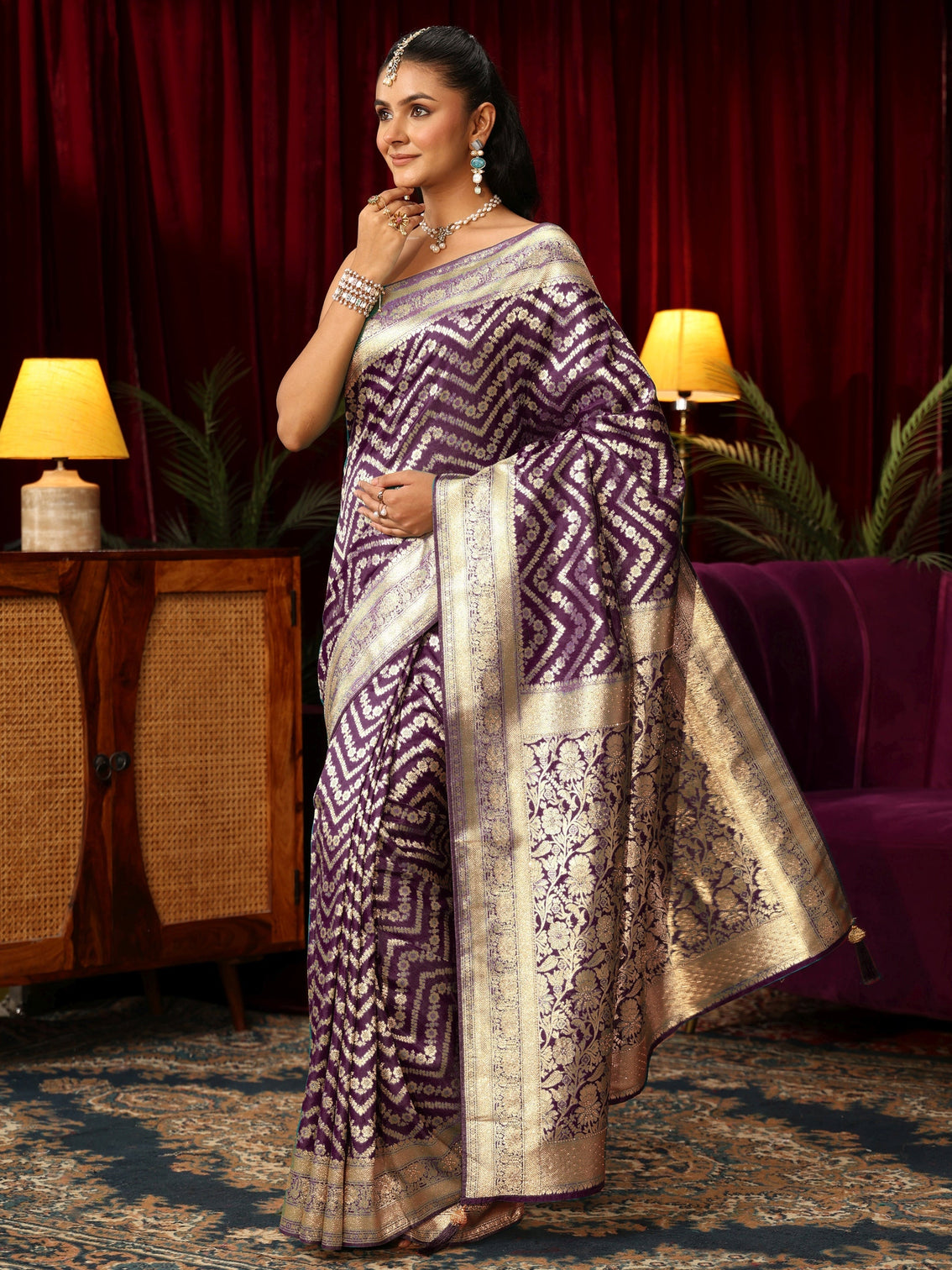 Mameraa Wine Chevron Brocade Saree with Stone Work