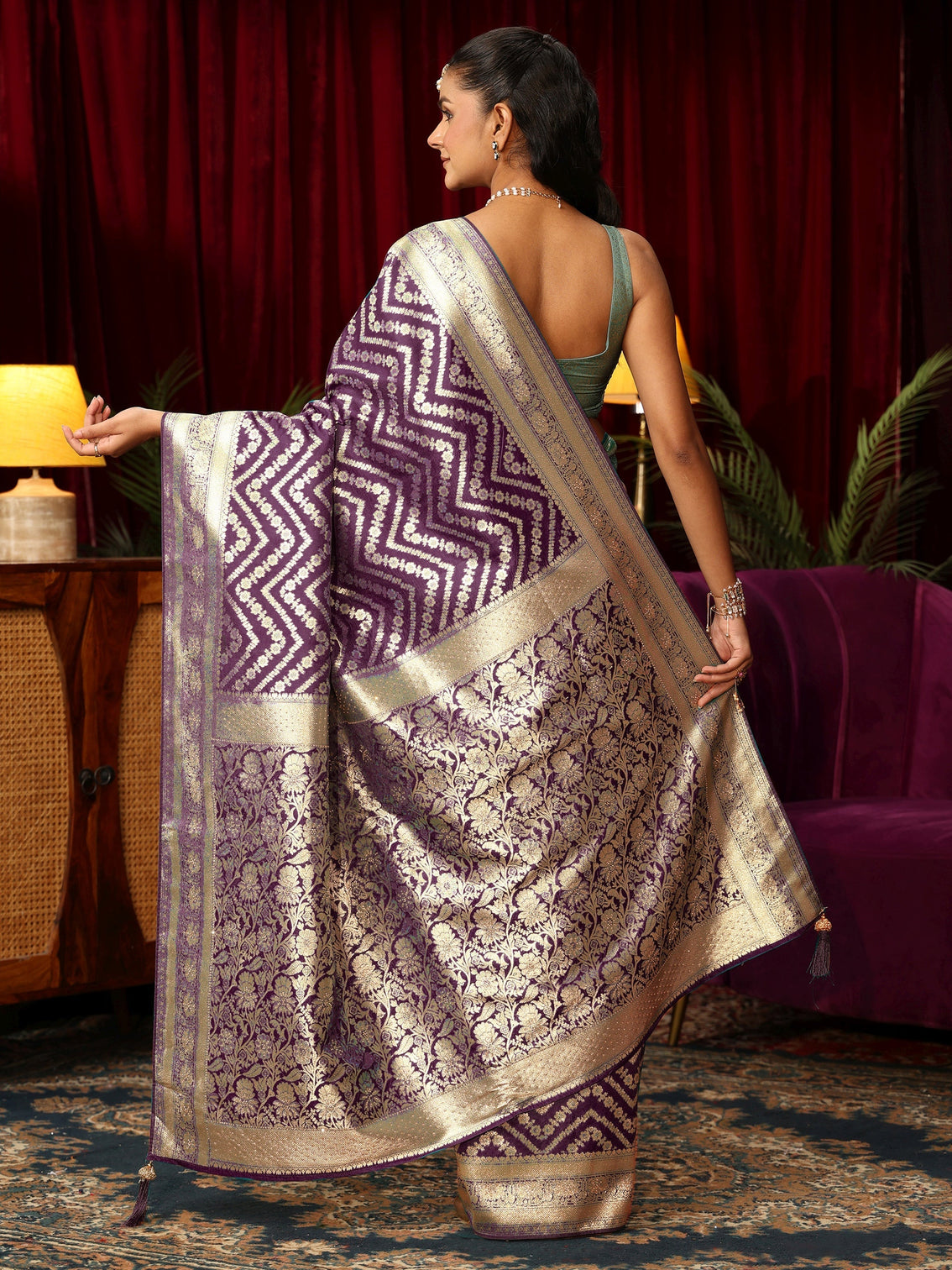 Mameraa Wine Chevron Brocade Saree with Stone Work