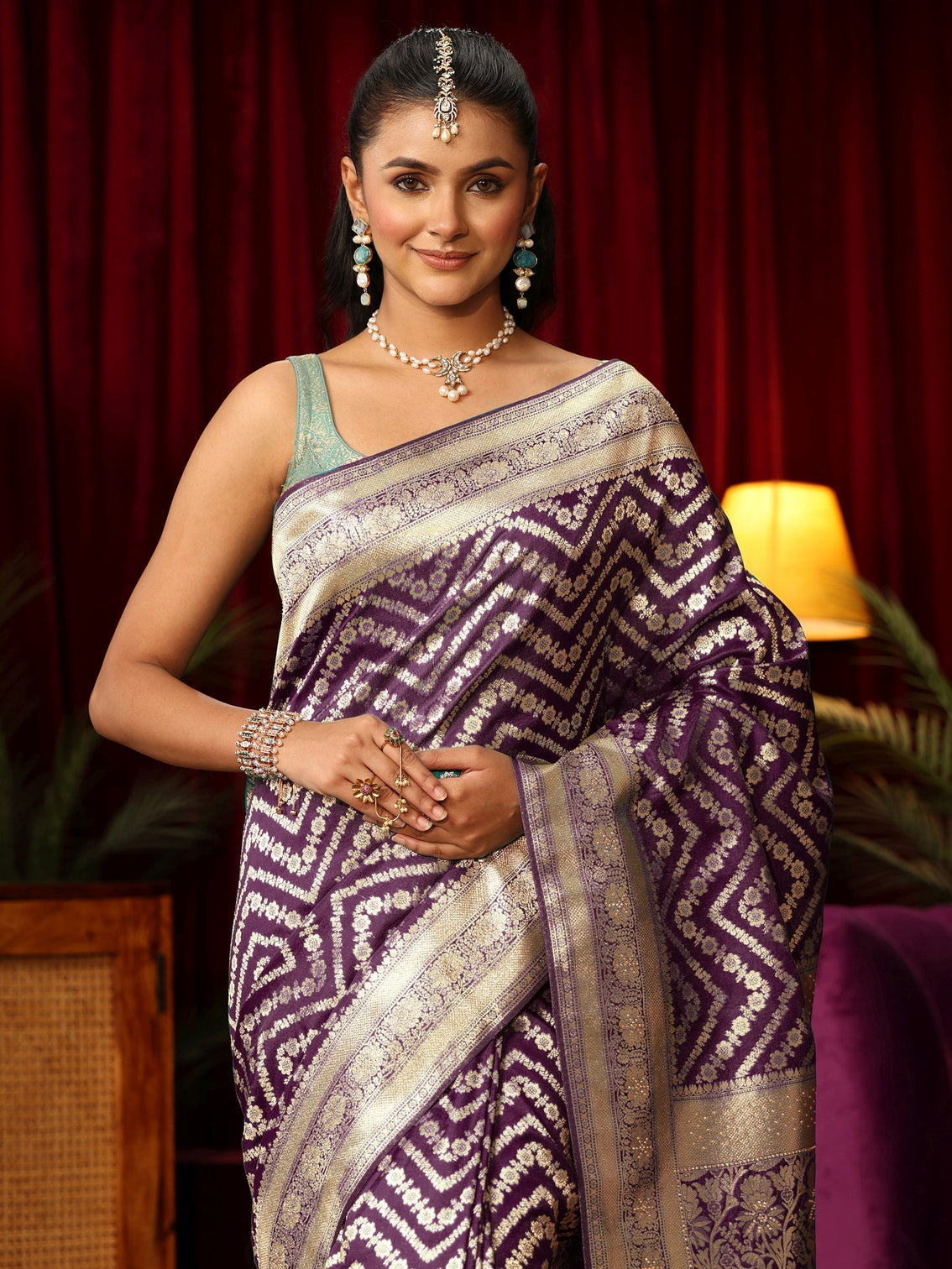 Mameraa Wine Chevron Brocade Saree with Stone Work
