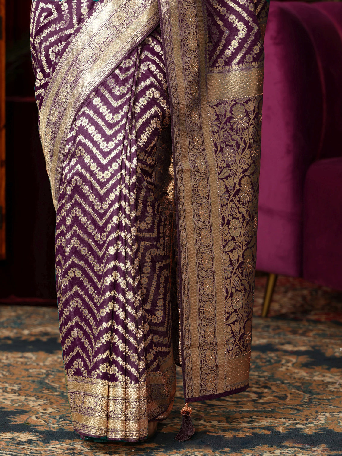 Mameraa Wine Chevron Brocade Saree with Stone Work