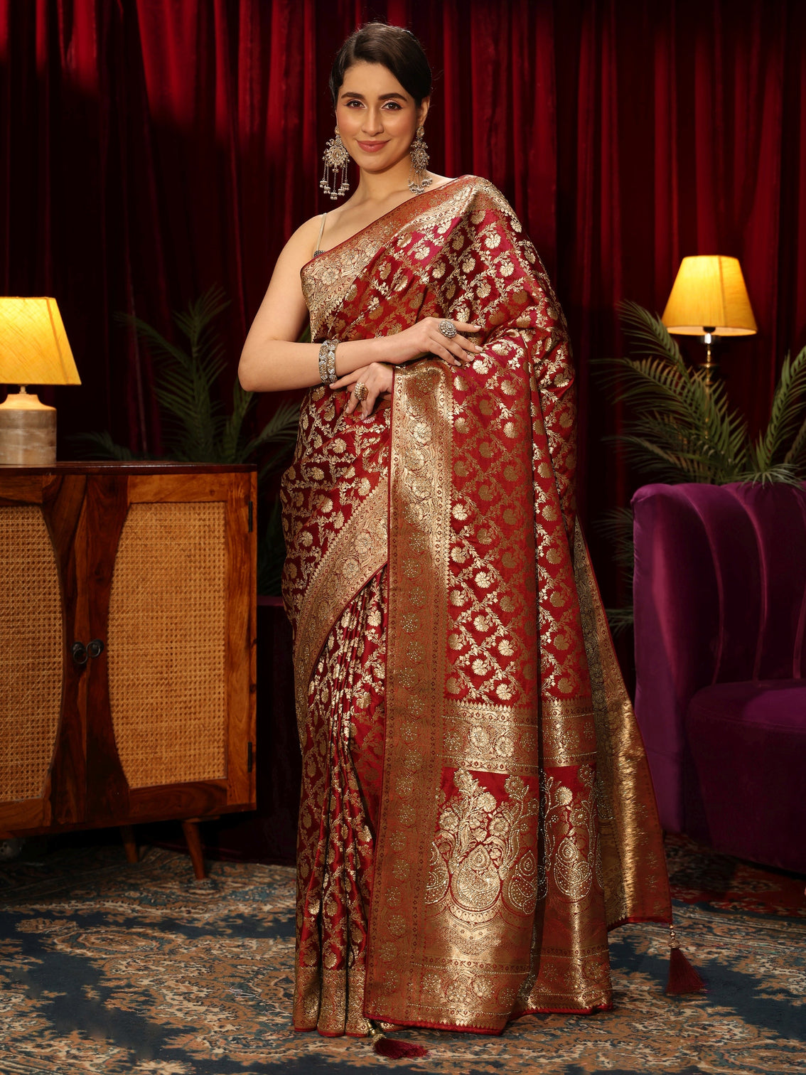 Mameraa Rust Red Floral Woven Design Embellished Silk Blend Saree