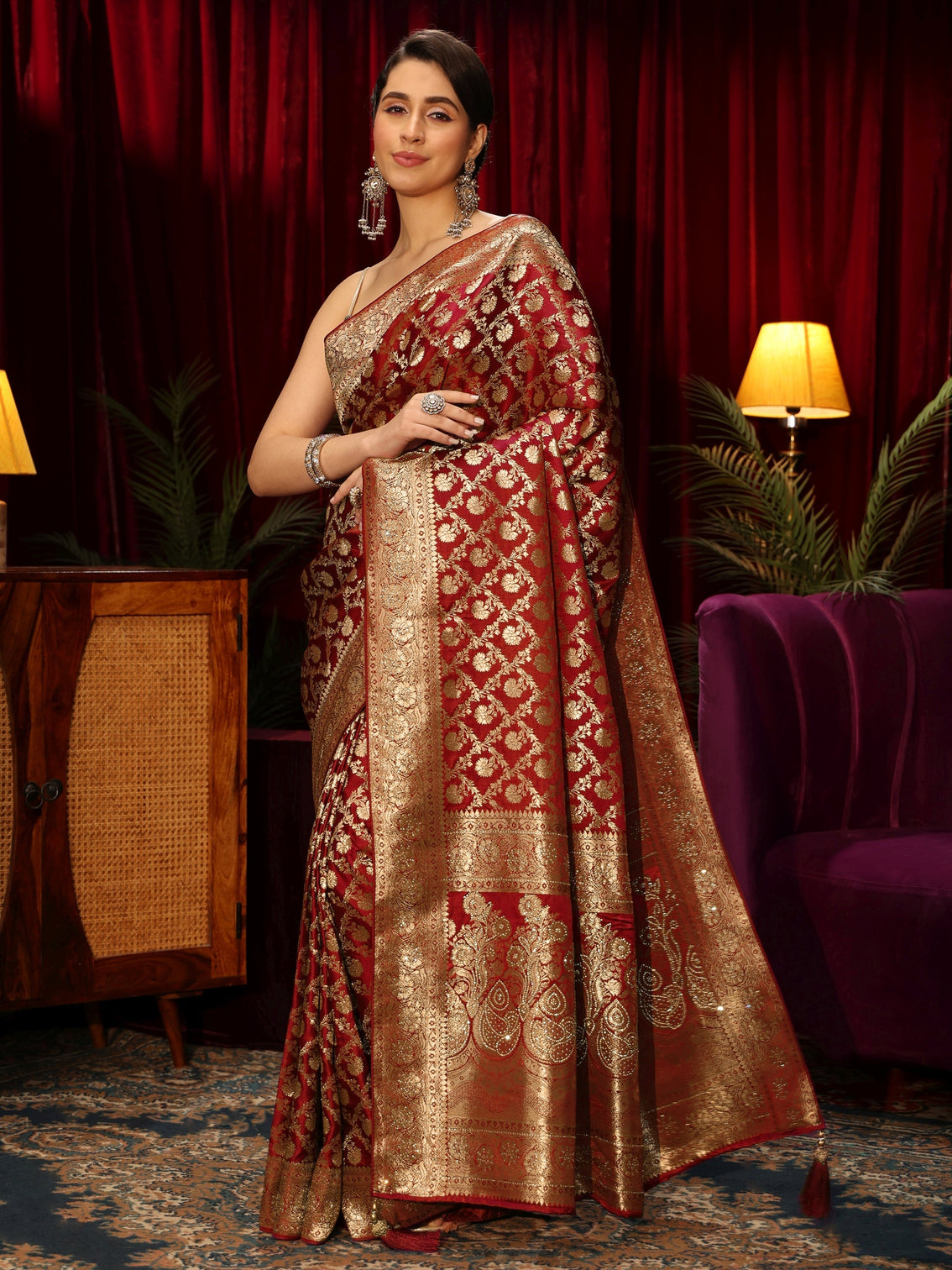 Mameraa Rust Red Floral Woven Design Embellished Silk Blend Saree