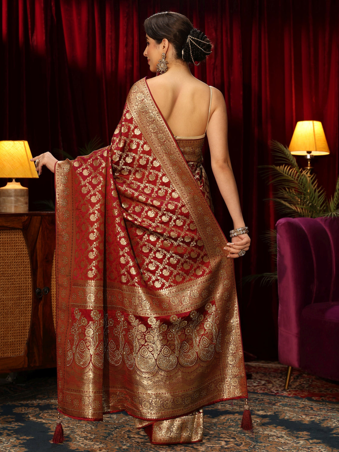 Mameraa Rust Red Floral Woven Design Embellished Silk Blend Saree