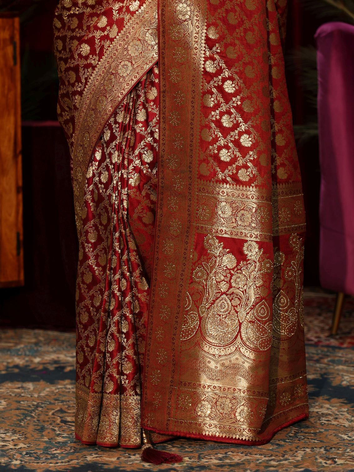 Mameraa Rust Red Floral Woven Design Embellished Silk Blend Saree