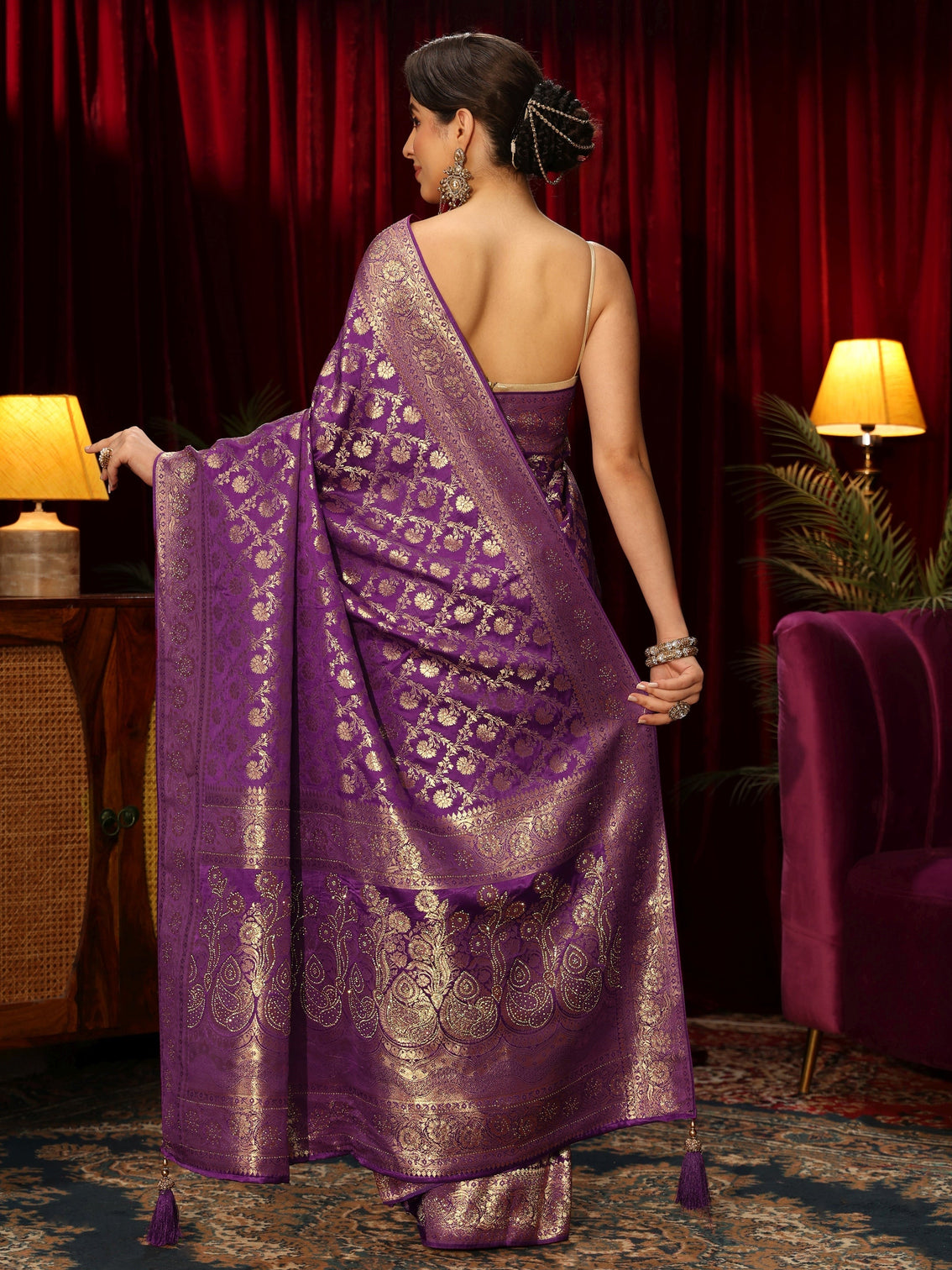 Mameraa Royal Purple Floral Woven Design Embellished Silk Blend Saree