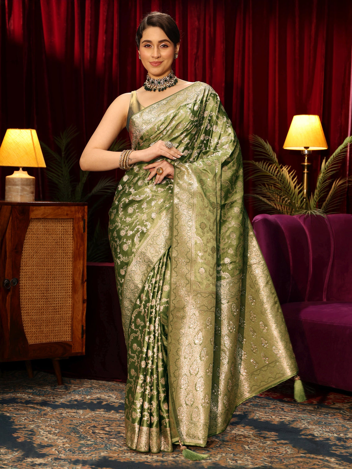 Mameraa Green Floral Woven Design Embellished Silk Blend Saree