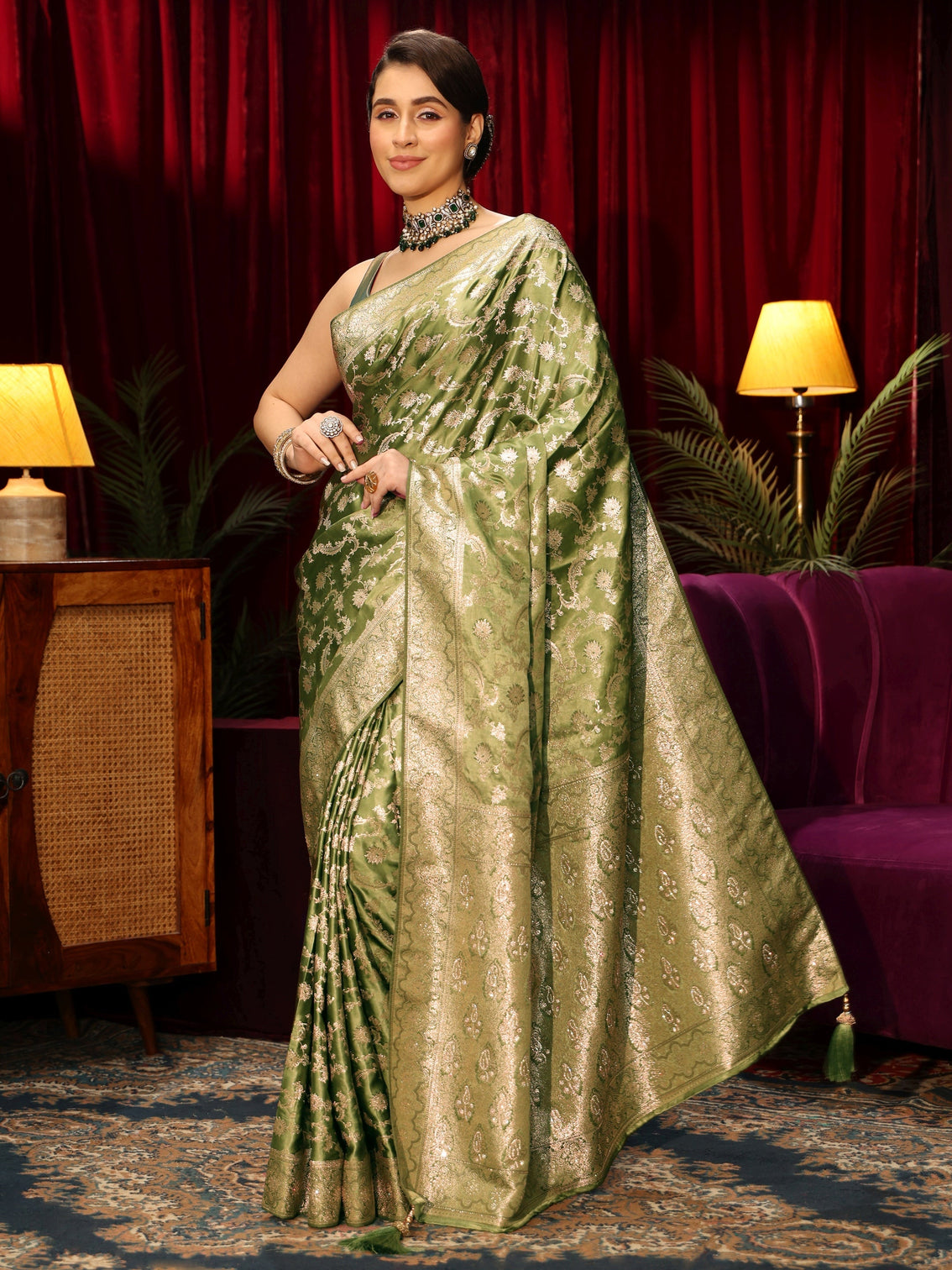Mameraa Green Floral Woven Design Embellished Silk Blend Saree