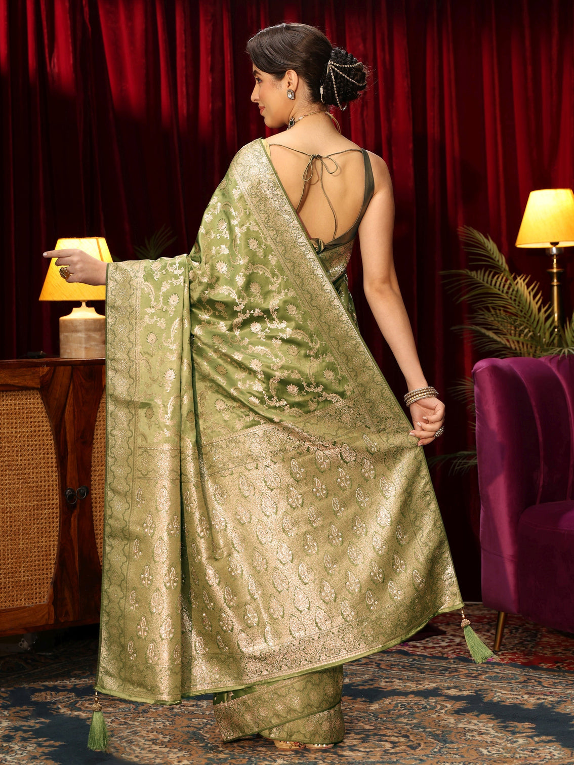 Mameraa Green Floral Woven Design Embellished Silk Blend Saree